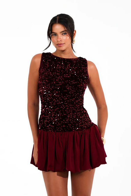 Burgundy Sequin Mini Dress with Ruffle Skirt