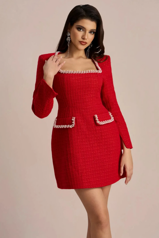 Luxury Red Boucle Tweed Mini Dress