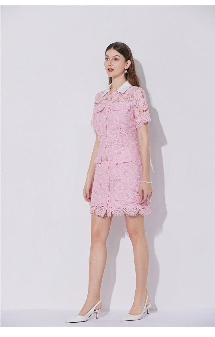 Pink Floral Lace Mini Shirt Dress