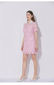 Pink Floral Lace Mini Shirt Dress