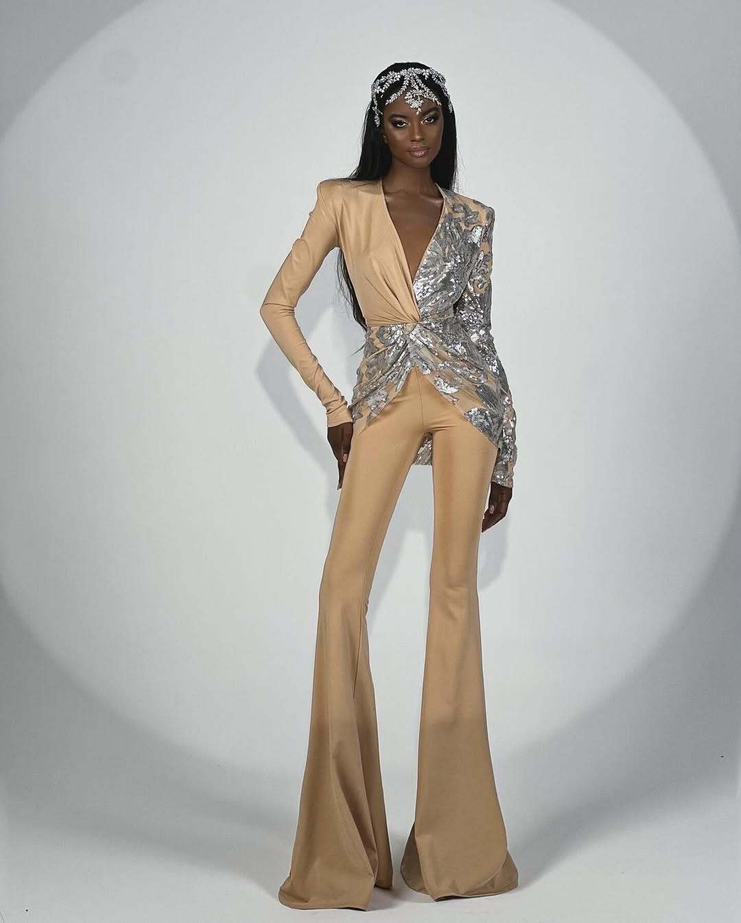 Deep V Shaped Sequined Long Sleeved Jumpsuit - thelatestlabels