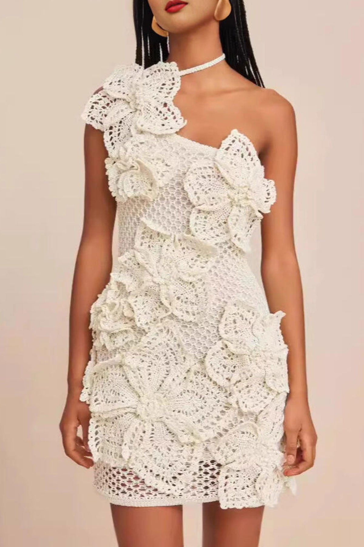 Ivory Bloom One-Shoulder Crochet Mini Dress