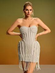 Pearl-Embellished Sculpted Mini Dress