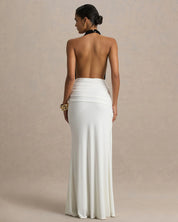 Black & White Plunge Halter Draped Gown