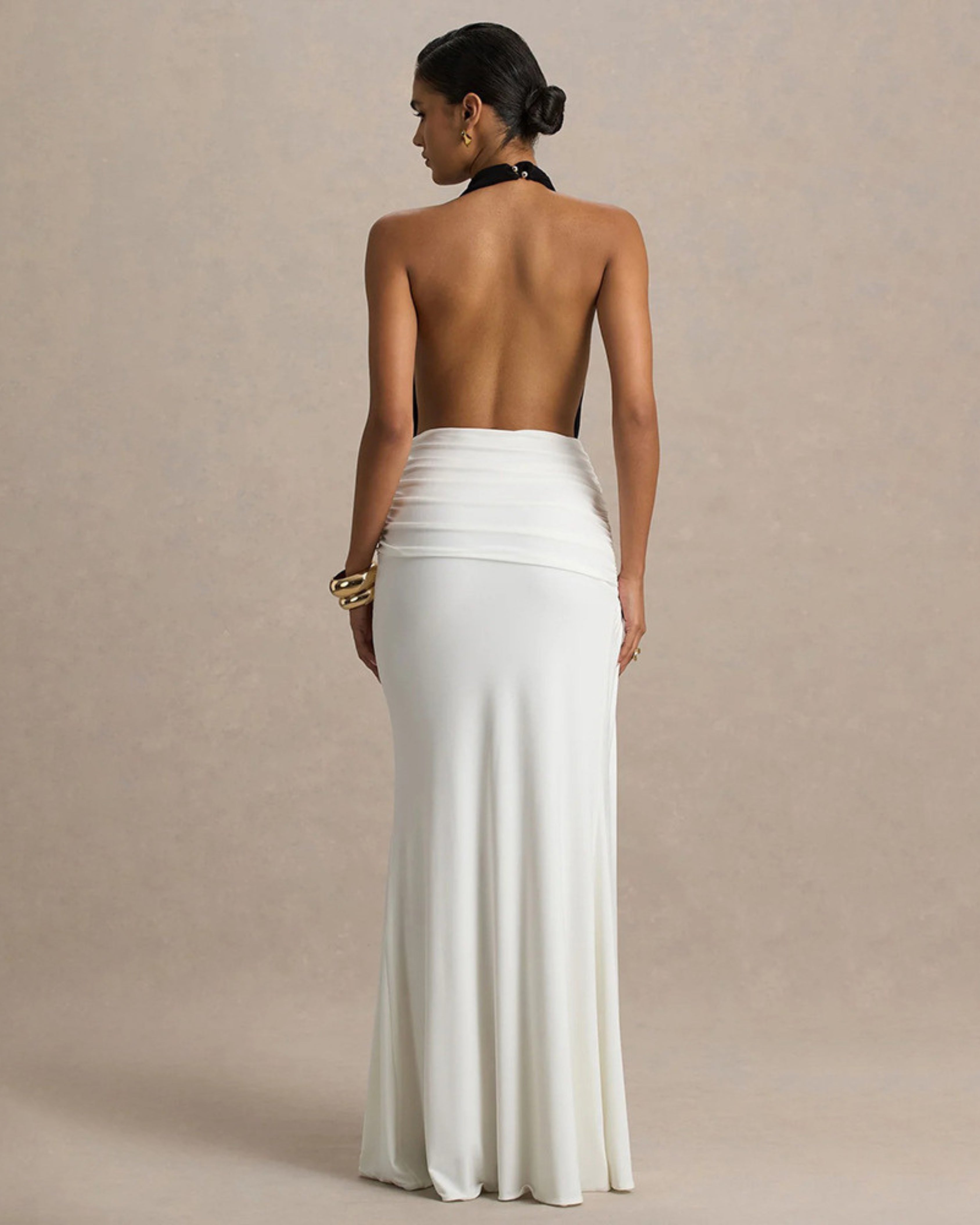 Black & White Plunge Halter Draped Gown