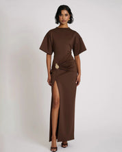 Mocha Twist-Detail Slit Gown
