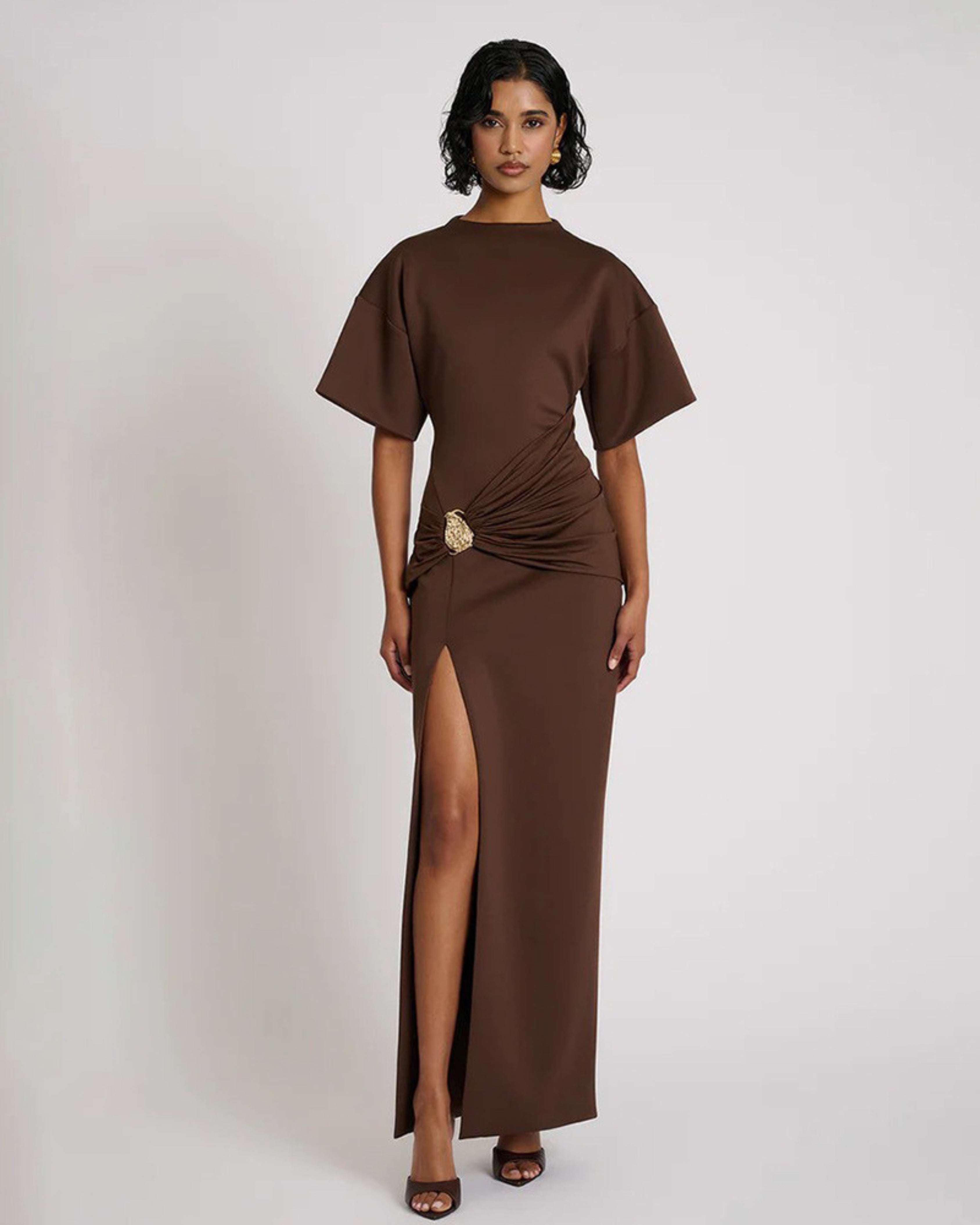 Mocha Twist-Detail Slit Gown