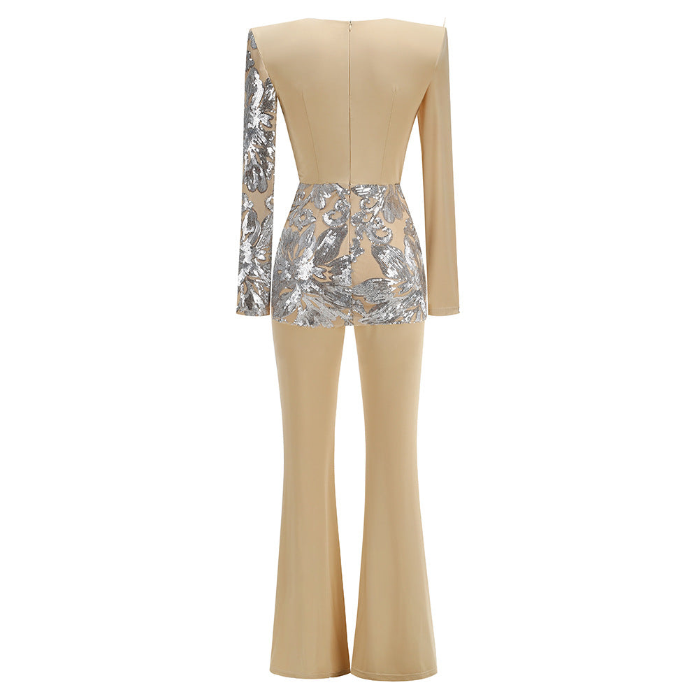 Deep V Shaped Sequined Long Sleeved Jumpsuit - thelatestlabels