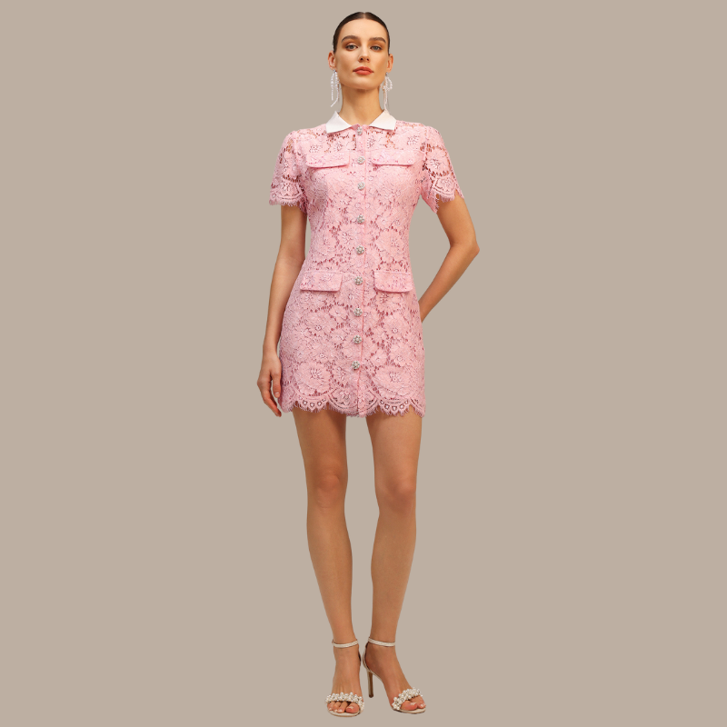 Pink Floral Lace Mini Shirt Dress