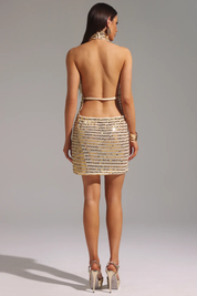 Golden Diva Drape Halter Mini Dress