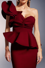 Luysa One Shoulder Asymmetry Red Midi Set