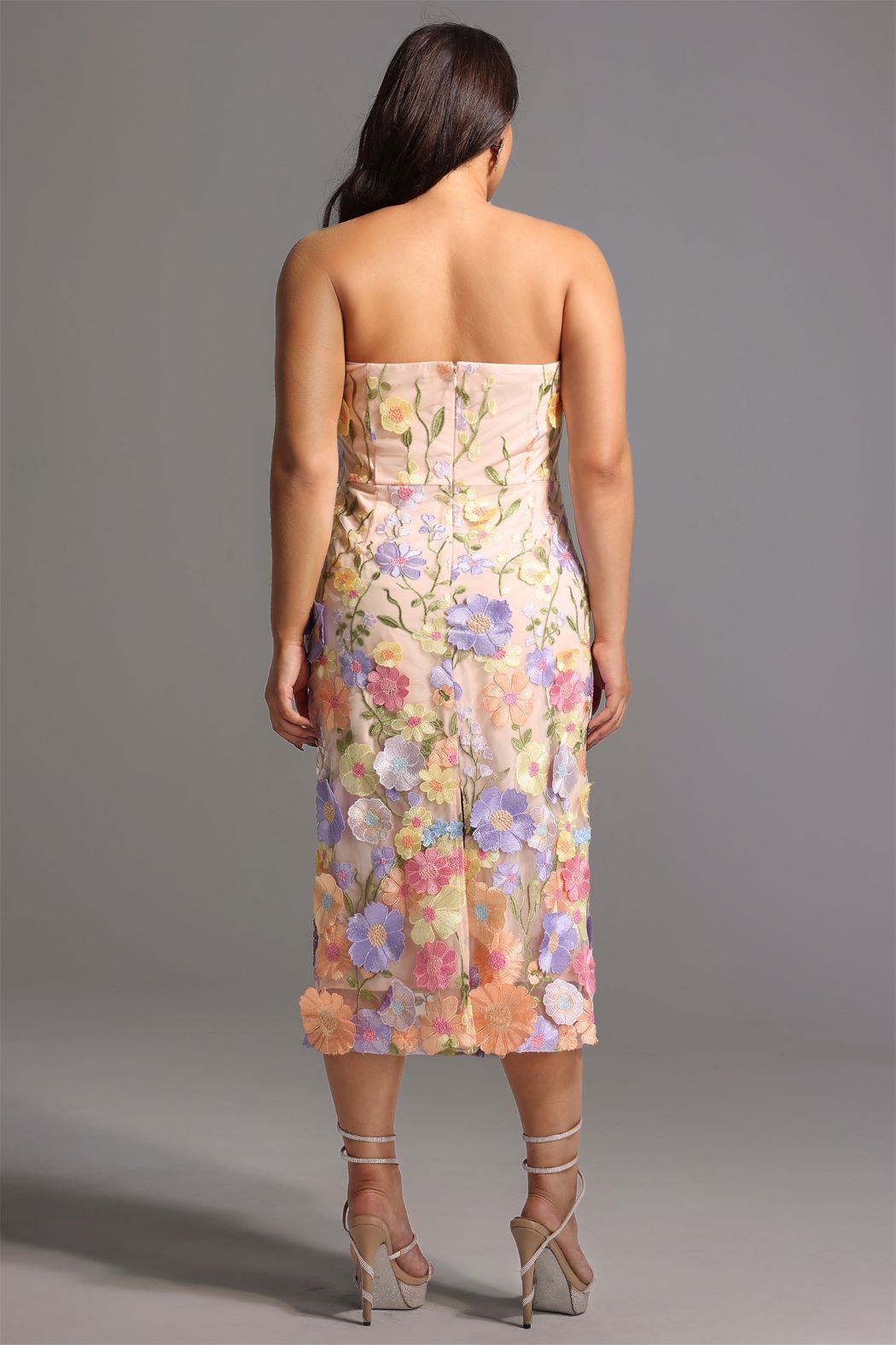 STRAPLESS FLORAL APPLIQUE DRESS