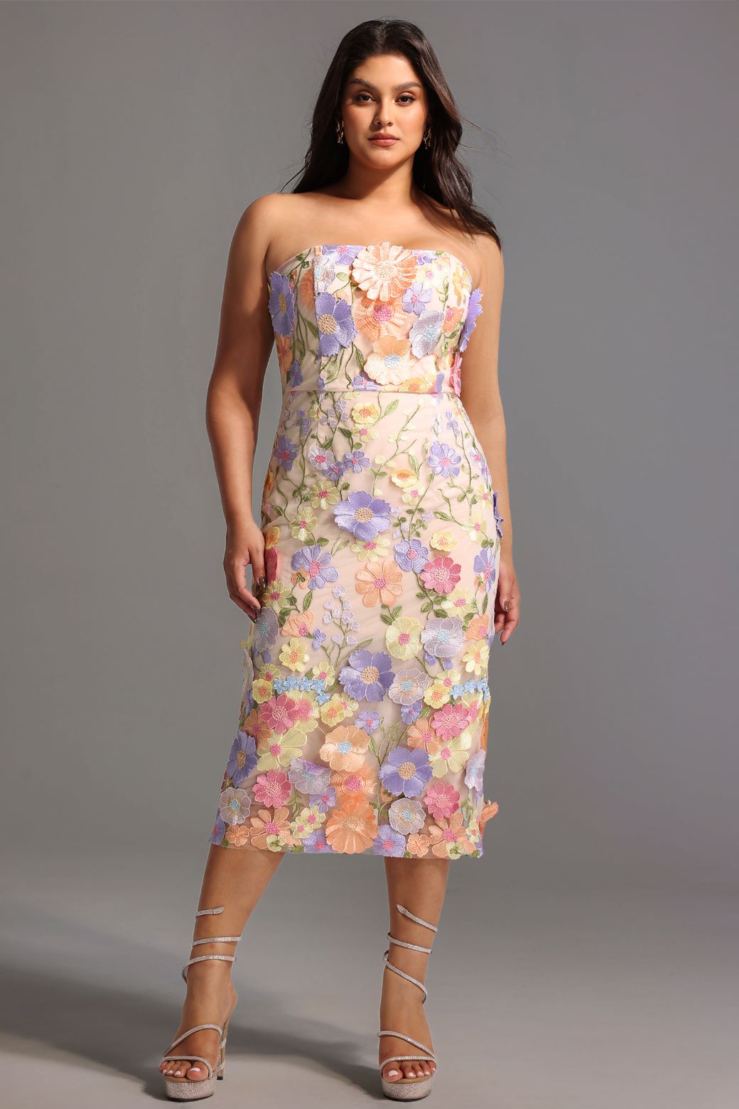 STRAPLESS FLORAL APPLIQUE DRESS