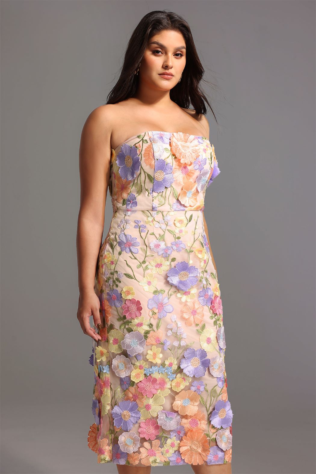 STRAPLESS FLORAL APPLIQUE DRESS