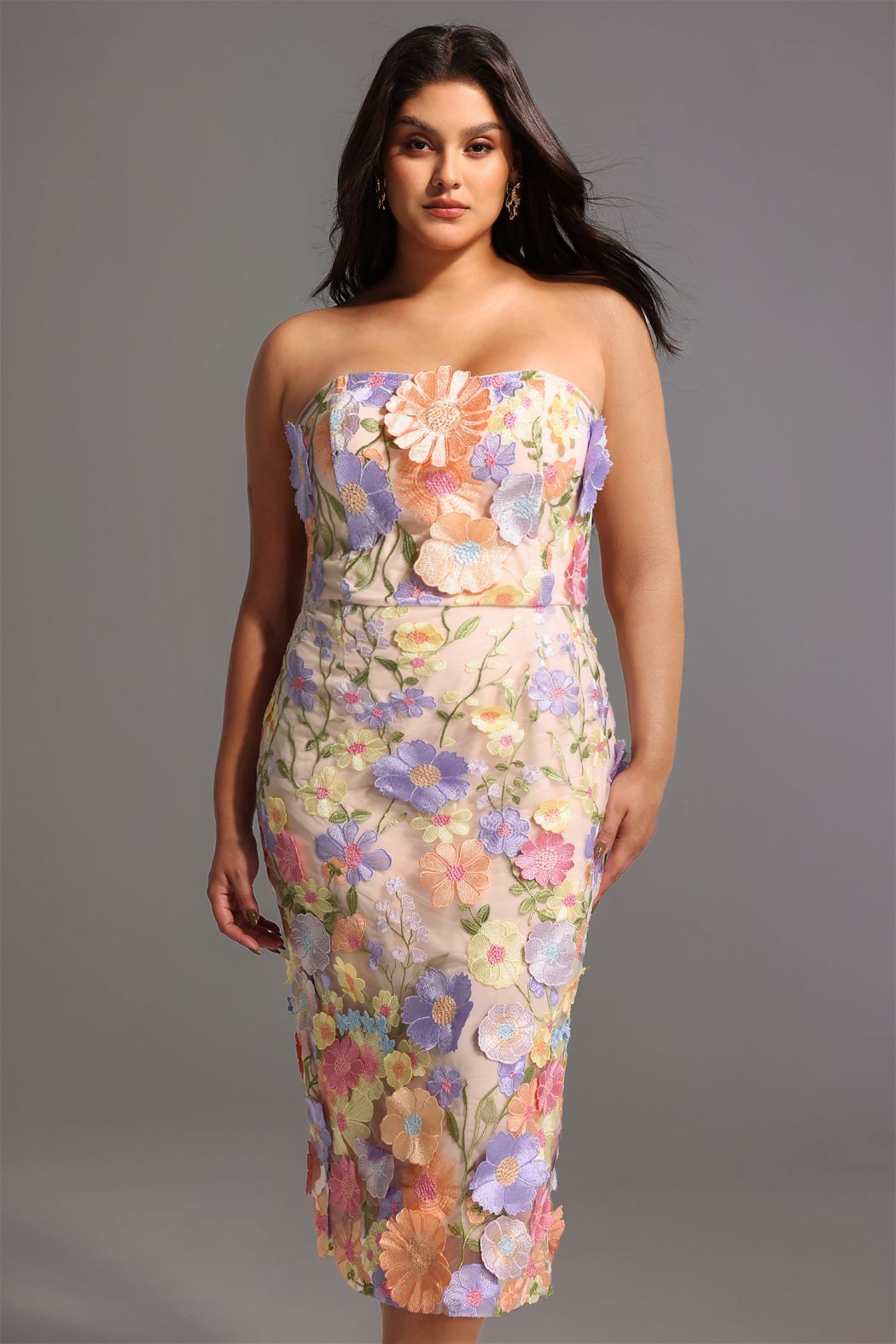STRAPLESS FLORAL APPLIQUE DRESS
