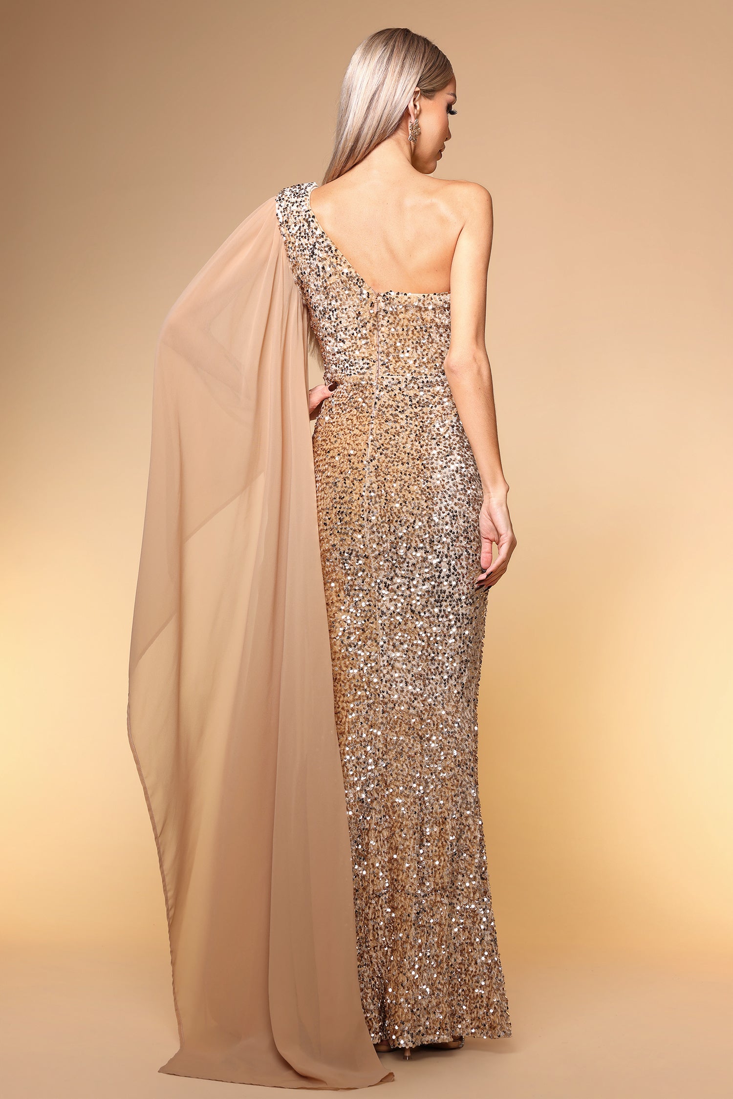 Gold Sequin One-Shoulder Mermaid Gown with Flowing Chiffon Cape Sleeve