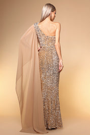 Gold Sequin One-Shoulder Mermaid Gown with Flowing Chiffon Cape Sleeve