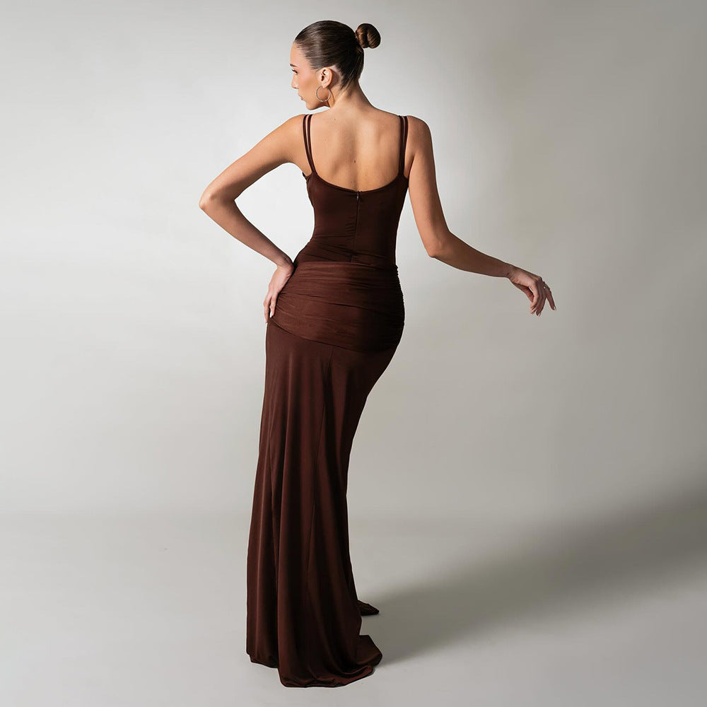 Chocolate Ruched Cutout Gown