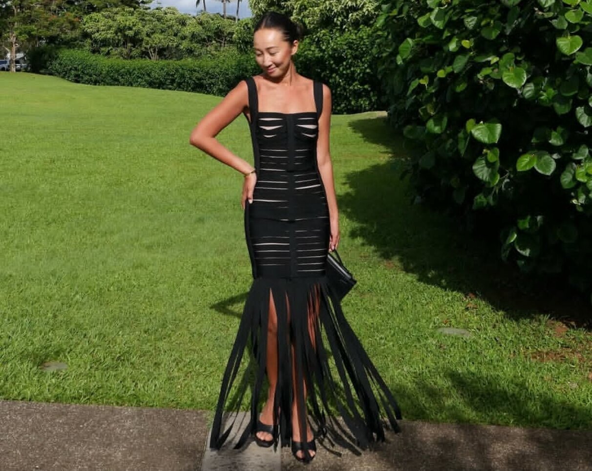 Black Bandage Fringe Hem Midi Dress