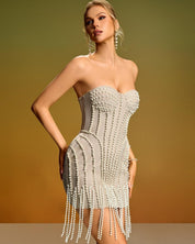 Pearl-Embellished Sculpted Mini Dress