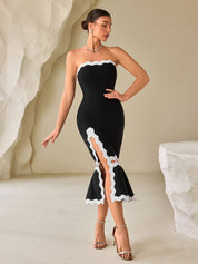 Black & White Scallop-Edge Strapless Bodycon Dress