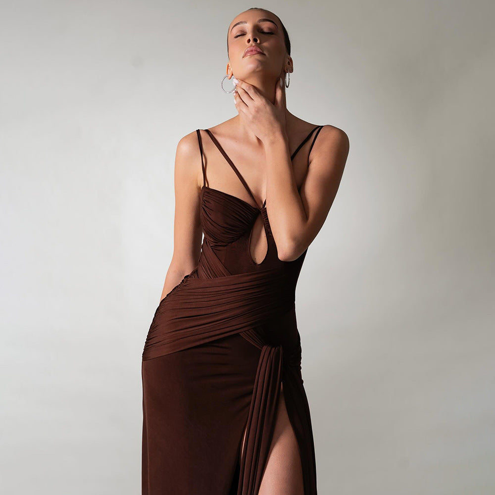 Chocolate Ruched Cutout Gown