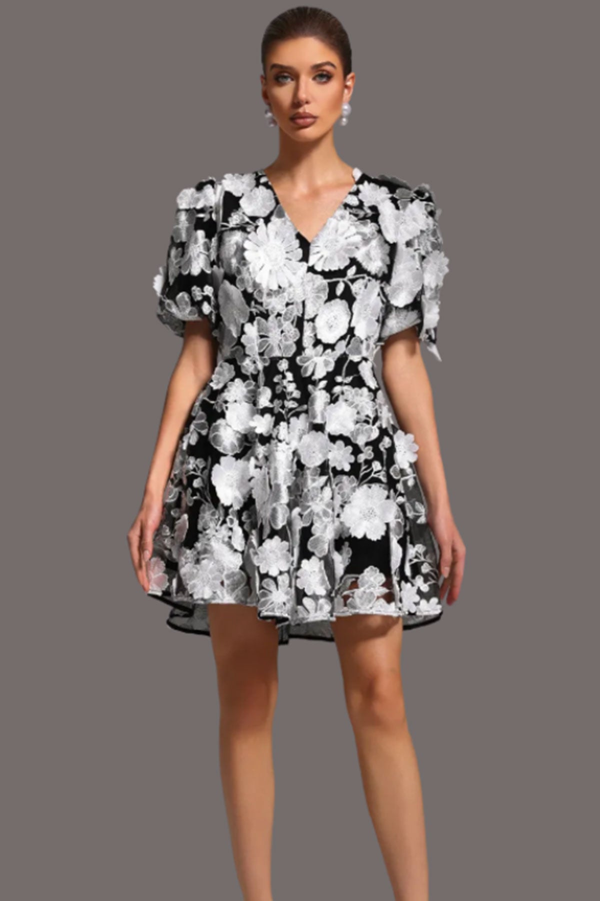 Monochrome Elegance Puff Sleeve Dress