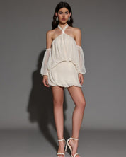 Ethereal Glow Off-Shoulder Halter Mini Dress