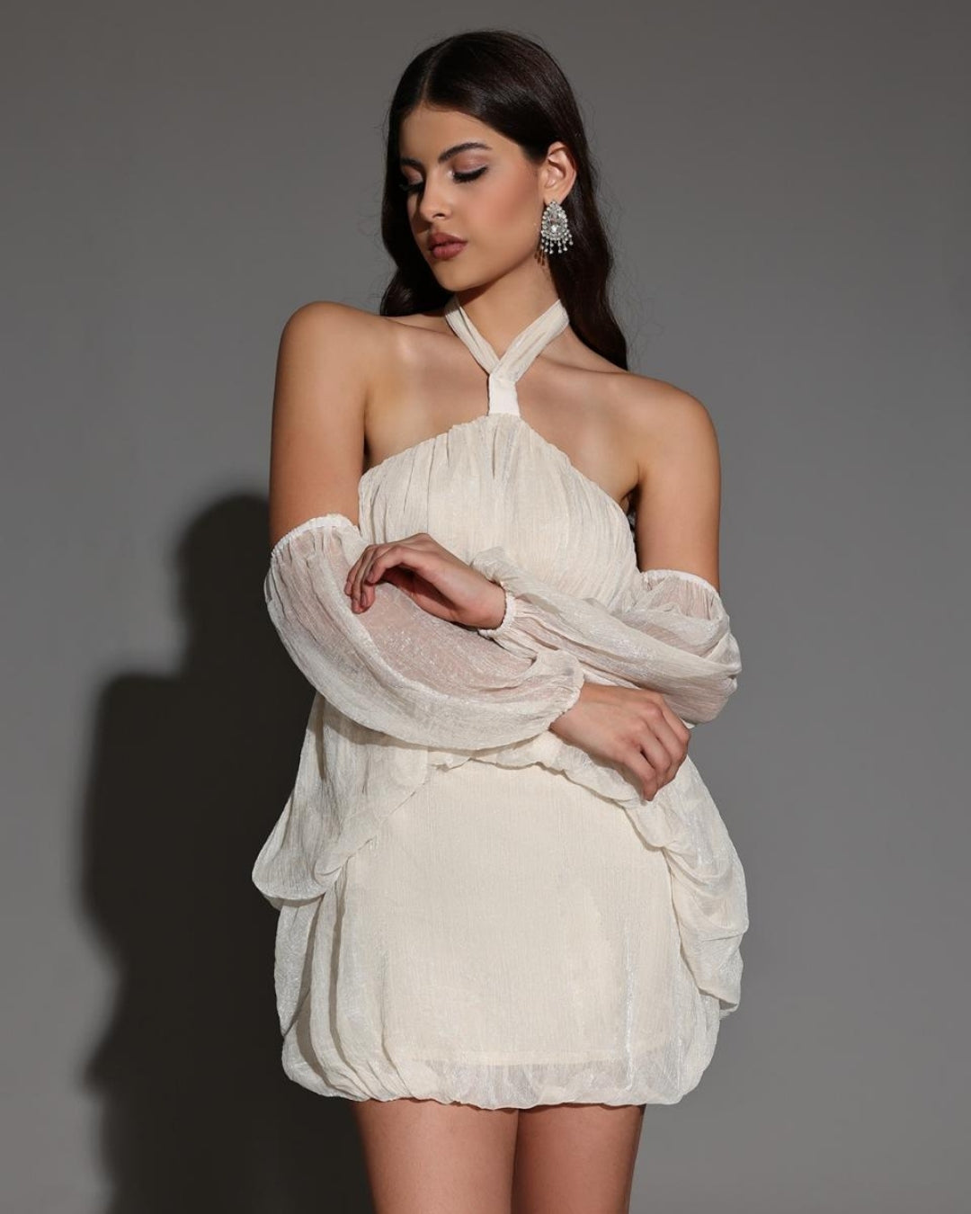 Ethereal Glow Off-Shoulder Halter Mini Dress