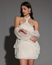 Ethereal Glow Off-Shoulder Halter Mini Dress