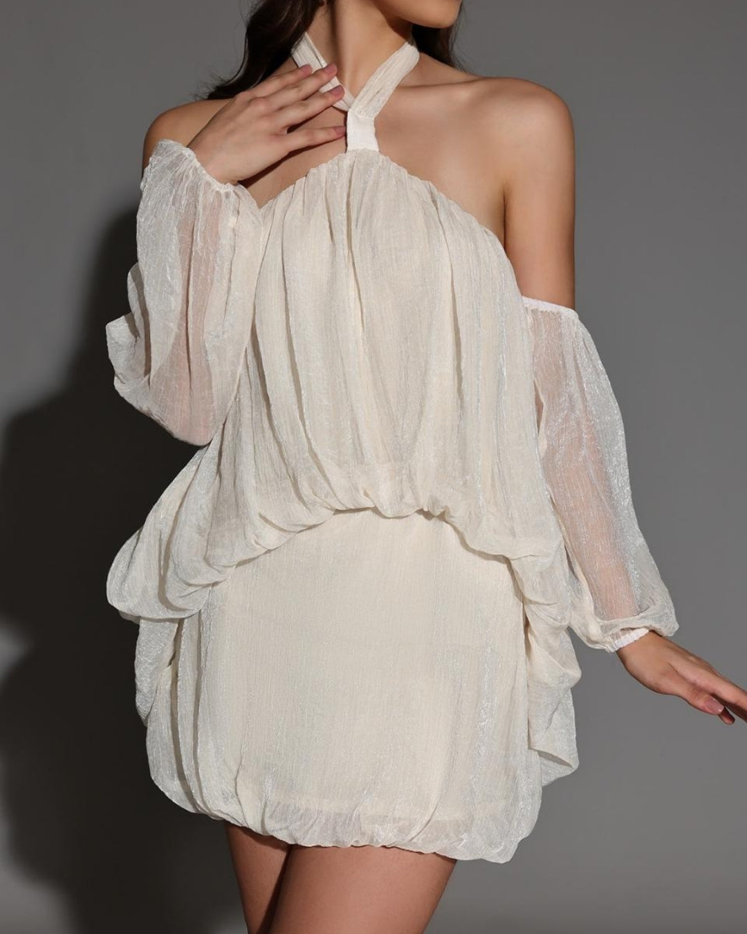 Ethereal Glow Off-Shoulder Halter Mini Dress