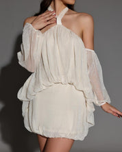 Ethereal Glow Off-Shoulder Halter Mini Dress
