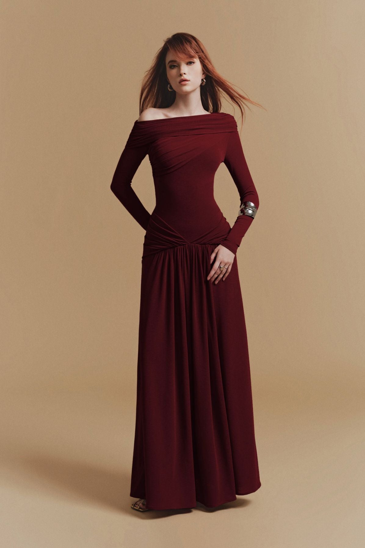 Off-Shoulder Draped Maxi Dress