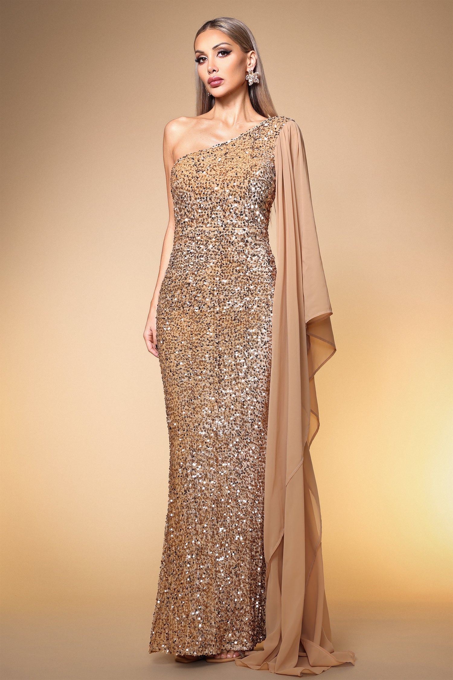 Gold Sequin One-Shoulder Mermaid Gown with Flowing Chiffon Cape Sleeve