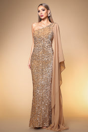 Gold Sequin One-Shoulder Mermaid Gown with Flowing Chiffon Cape Sleeve