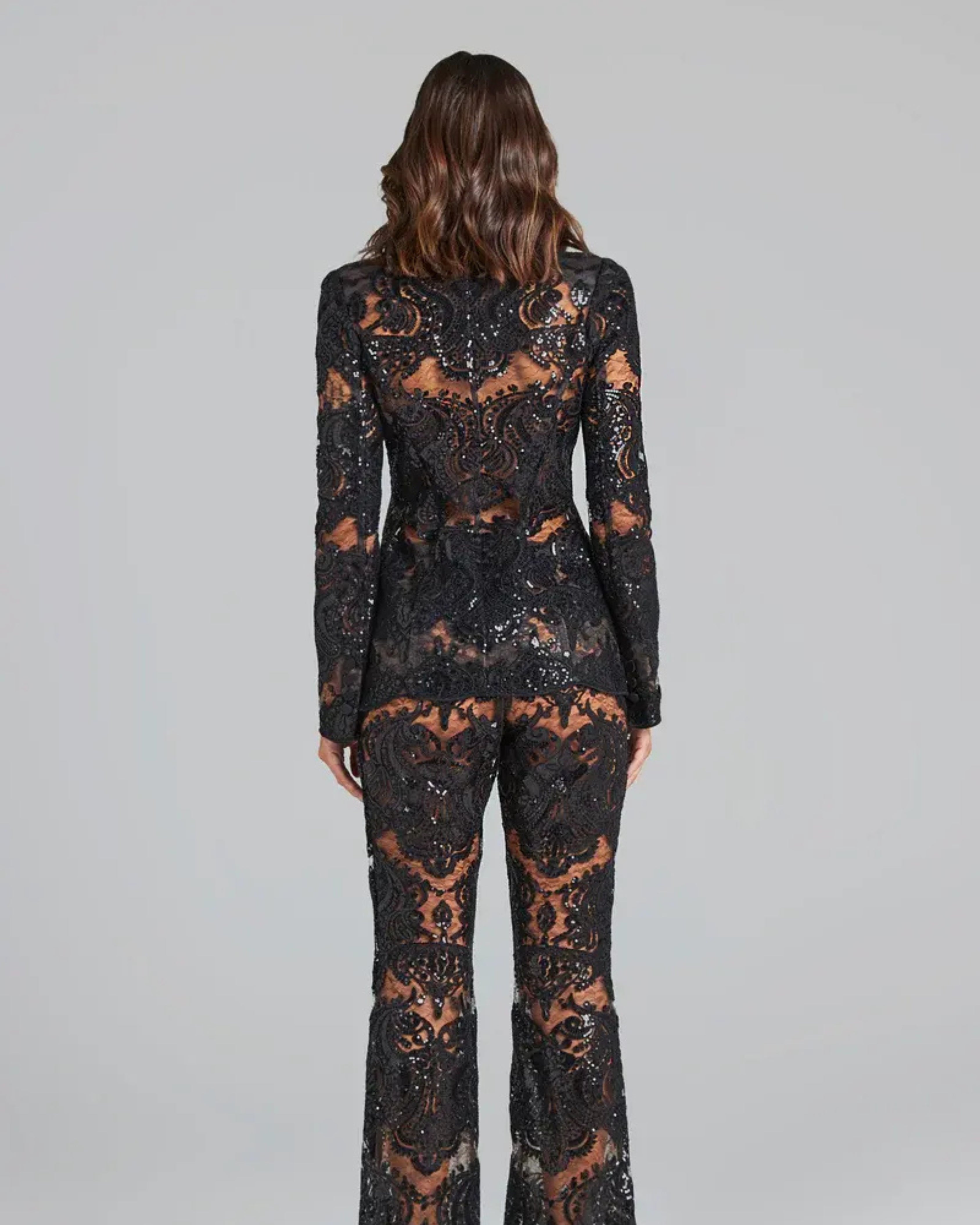 Black Sheer Floral Lace Pantsuit