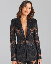 Black Sheer Floral Lace Pantsuit