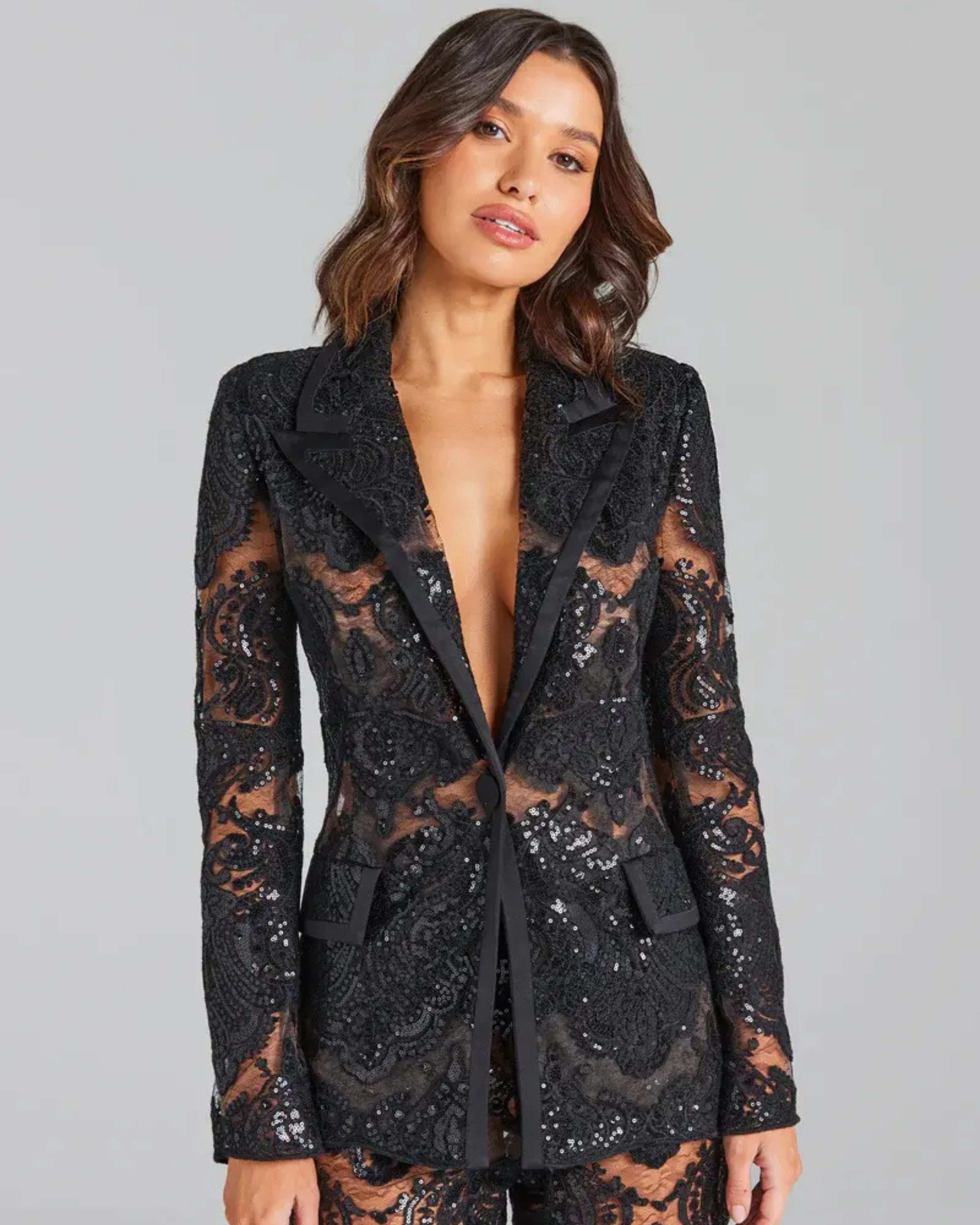 Black Sheer Floral Lace Pantsuit