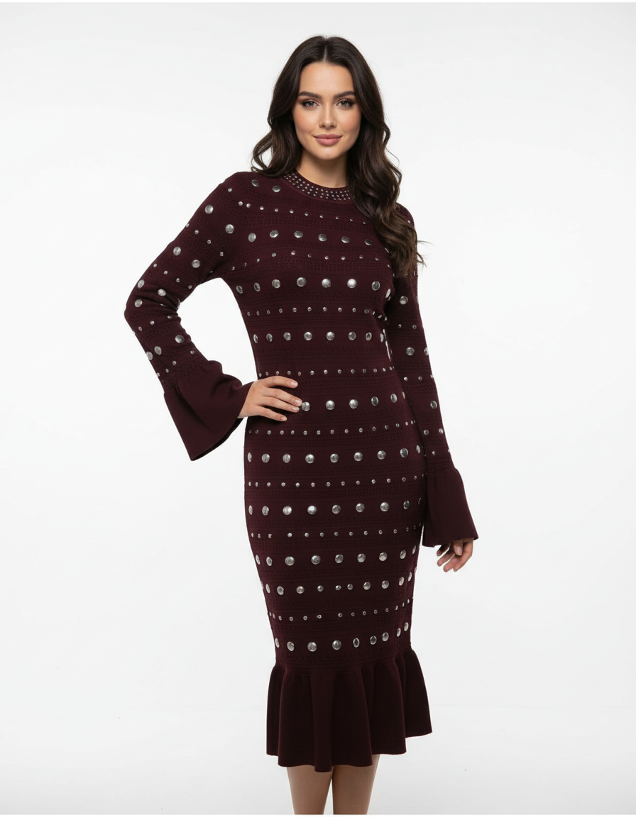 Long Sleeve Studded Crochet Knit Midi dress