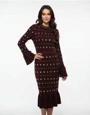 Long Sleeve Studded Crochet Knit Midi dress