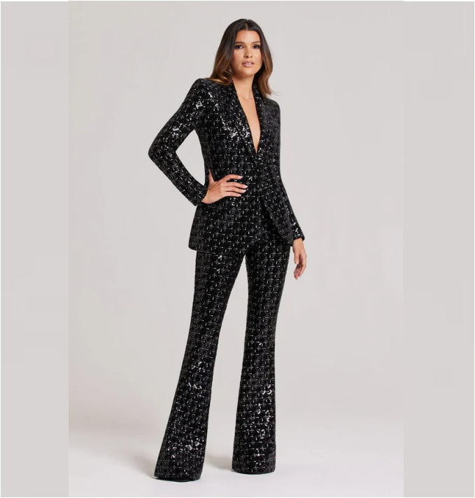 Black Sequin Tailored Blazer & Flared Pant Set