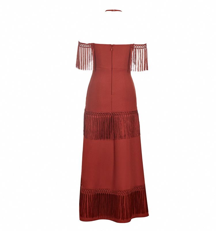 Wine Red Fringe Cut-Out Halter Gown”