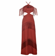 Wine Red Fringe Cut-Out Halter Gown”