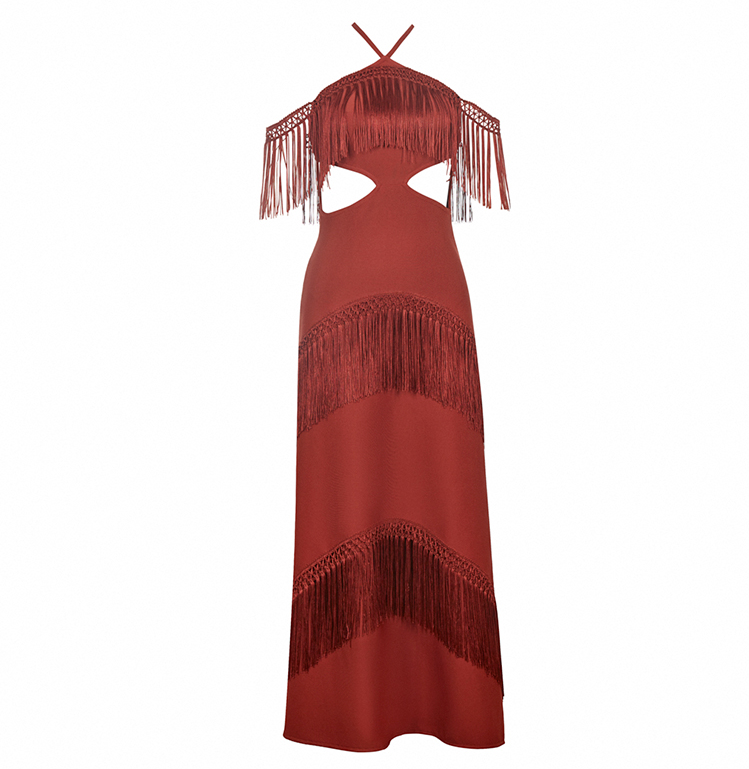 Wine Red Fringe Cut-Out Halter Gown”