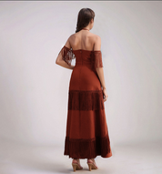 Wine Red Fringe Cut-Out Halter Gown”