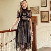 Black Sheer Mesh Midi Dress with Embroidery
