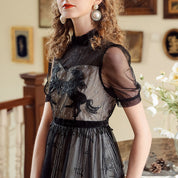 Black Sheer Mesh Midi Dress with Embroidery
