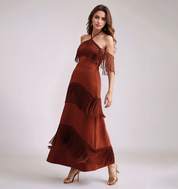 Wine Red Fringe Cut-Out Halter Gown”