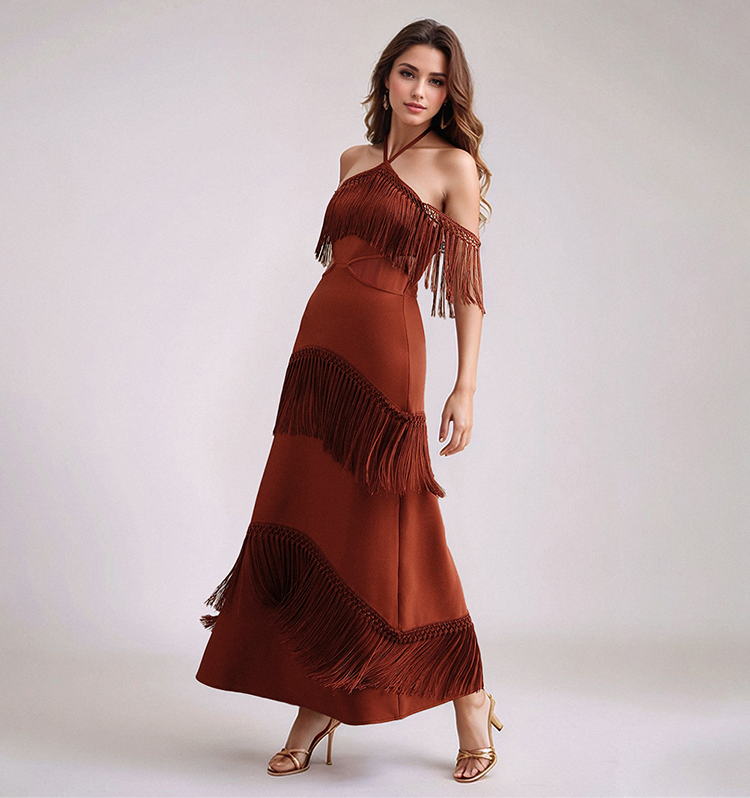 Wine Red Fringe Cut-Out Halter Gown”
