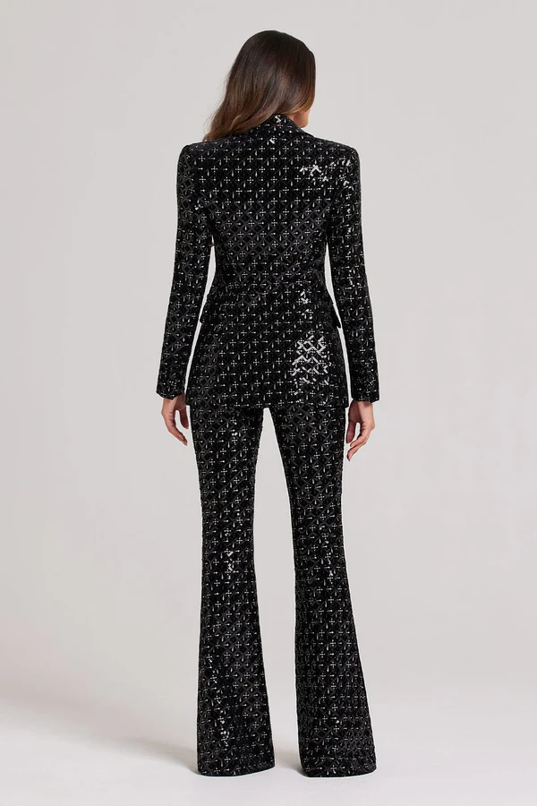 Black Sequin Tailored Blazer & Flared Pant Set